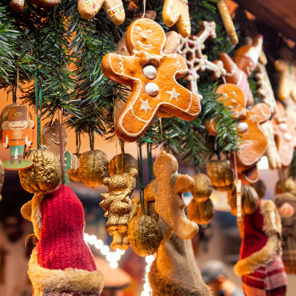 Festive window display with gingerbread man 